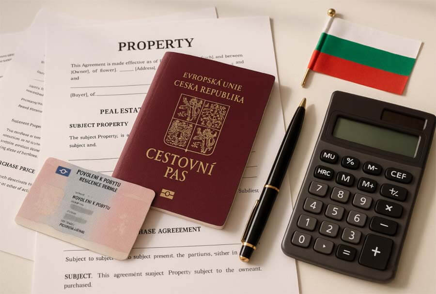 Чешско-болгарские документы по недвижимости Чешский паспорт и ID с болгарскими документами по недвижимости, калькулятор и ручка для планирования покупки жилья