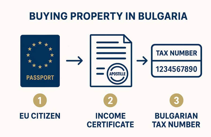 Документы для покупки недвижимости в Болгарии Инфографика покупки недвижимости с иконками паспорта ЕС, справки о доходах и болгарского налогового номера