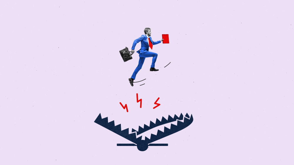 Графическое изображение человека, перепрыгивающего капкан, предупреждающее о сложностях при проверке недвижимости в Болгарии